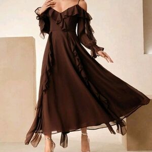 Elegant Long Sleeve Brown Ruffle Dress